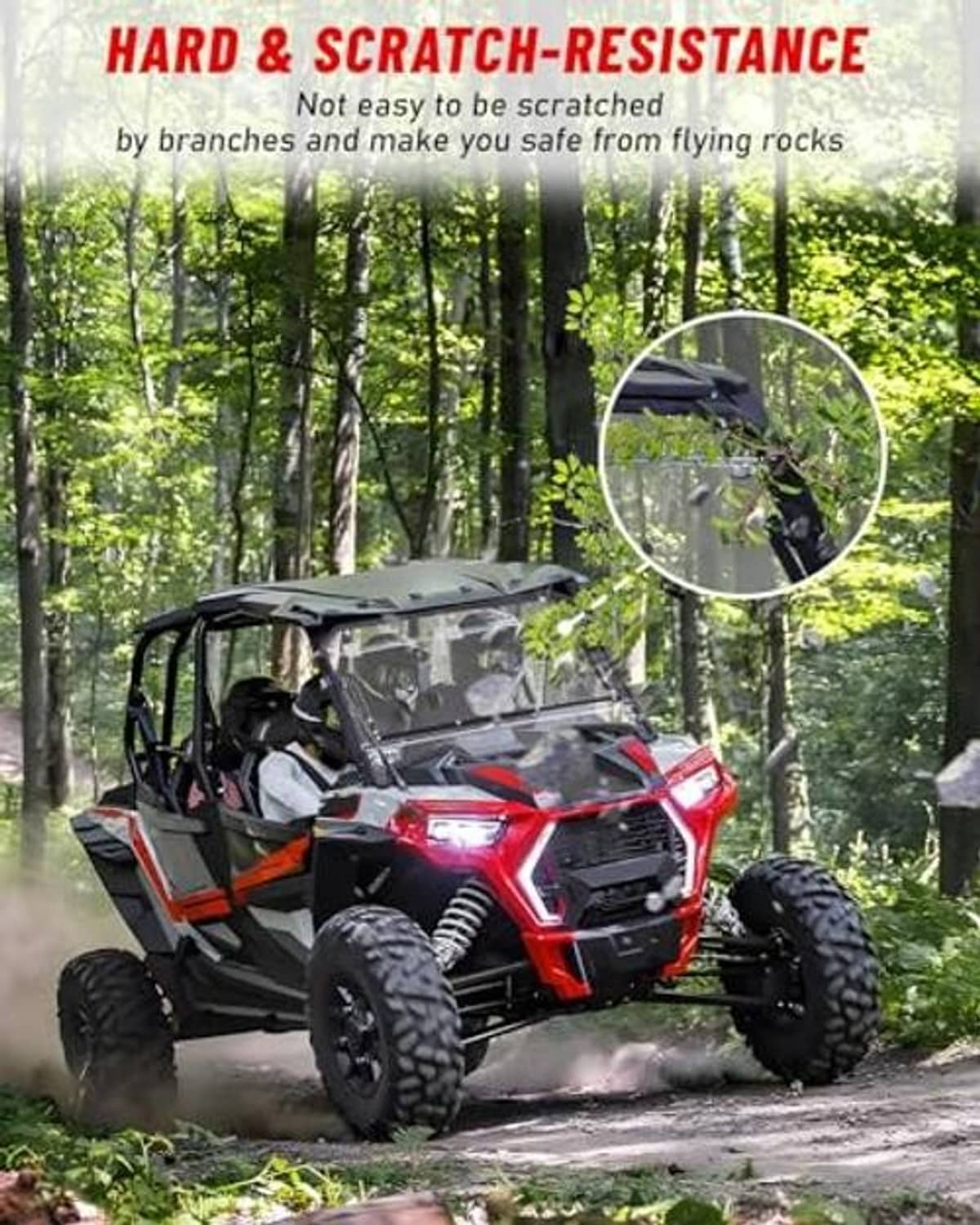 UTV windshield with scratch-resistant protective surface and close-up durability detail