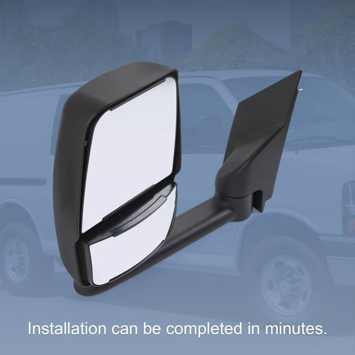 Black manual towing side mirror with clear glass and black housing, angled