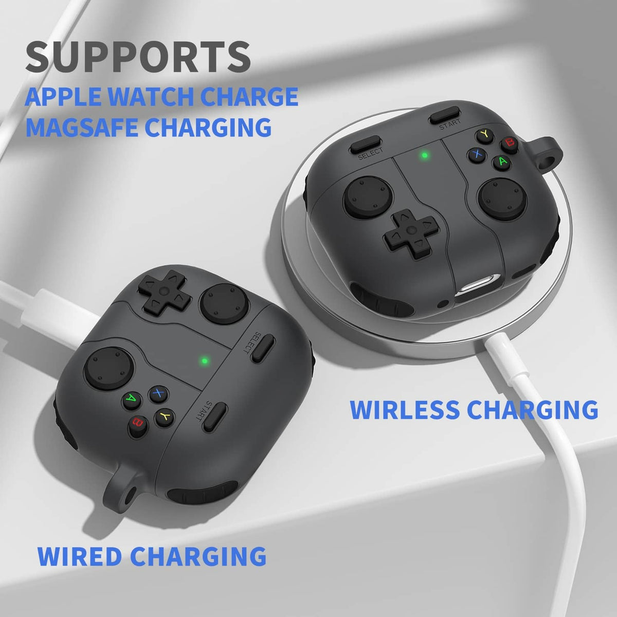 Black AirPods 4 game case supporting wired and wireless charging, top view
