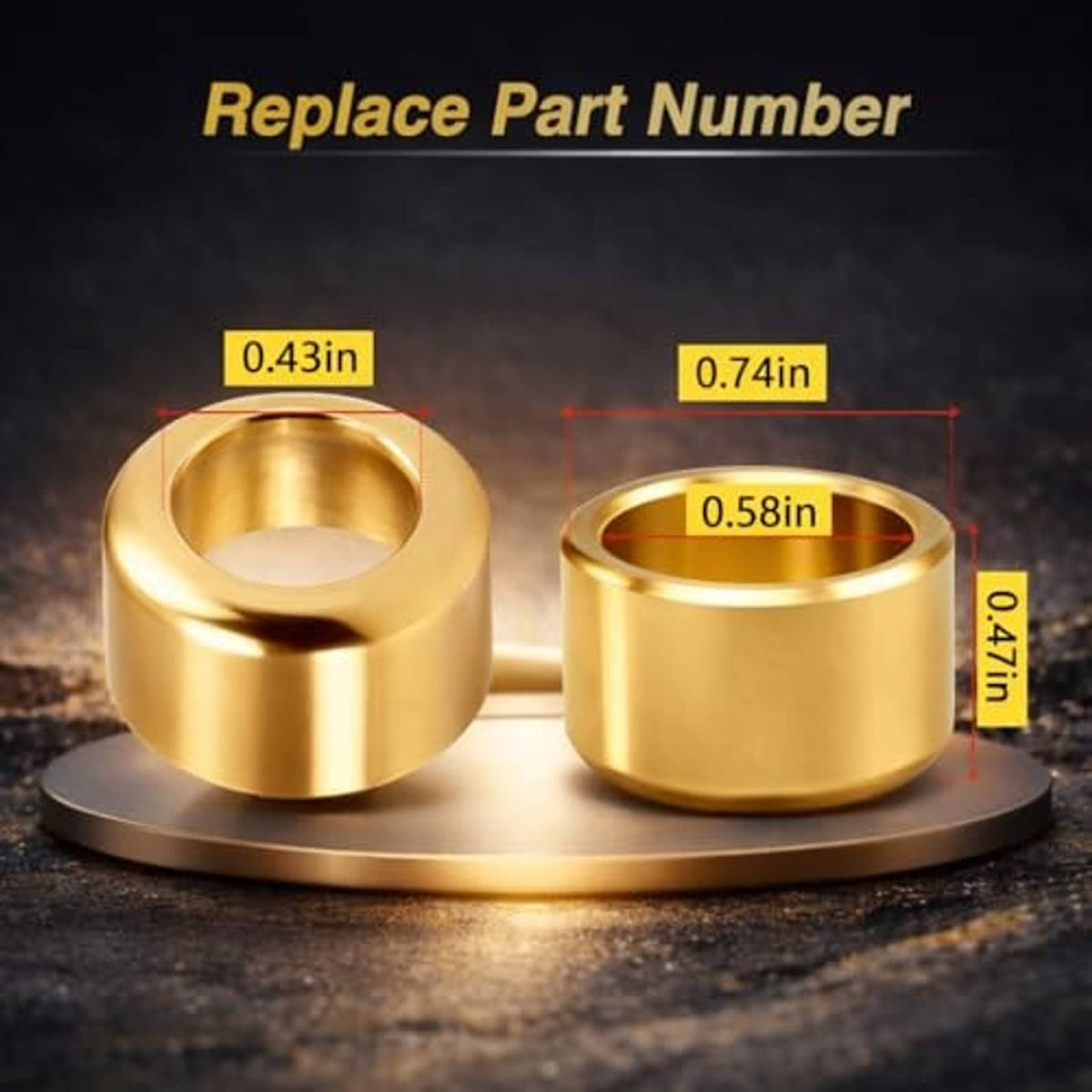 Two gold brass shifter cup isolators with circular bores and size markings