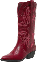 Women’s mid-calf cowboy boots in dark red with ornate western embroidery and pull tabs