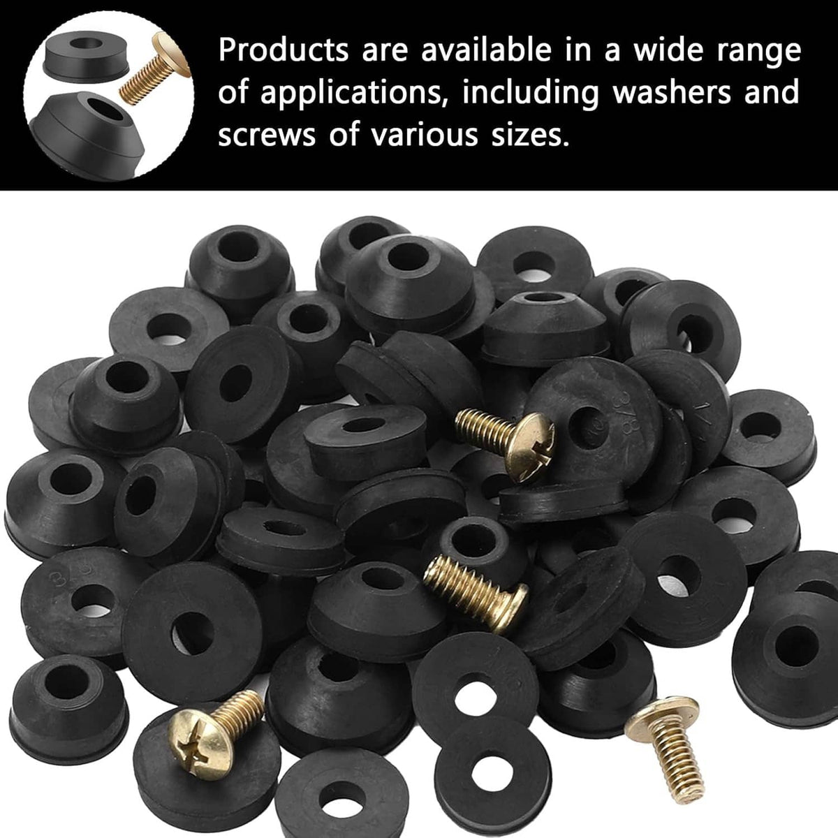 Assorted black rubber faucet washers with brass screws, bulk pile and singles