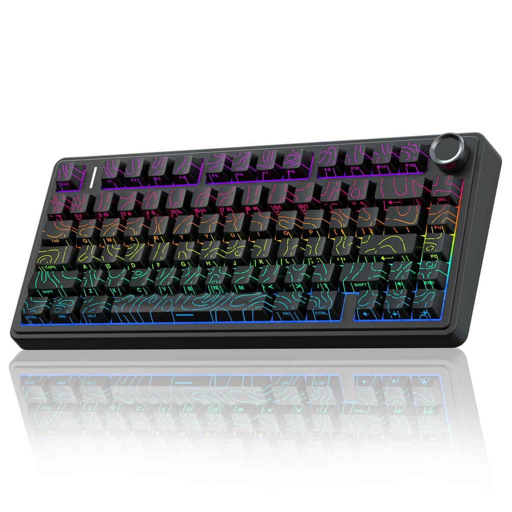 Black 75% wireless mechanical keyboard with RGB backlighting and right-side knob