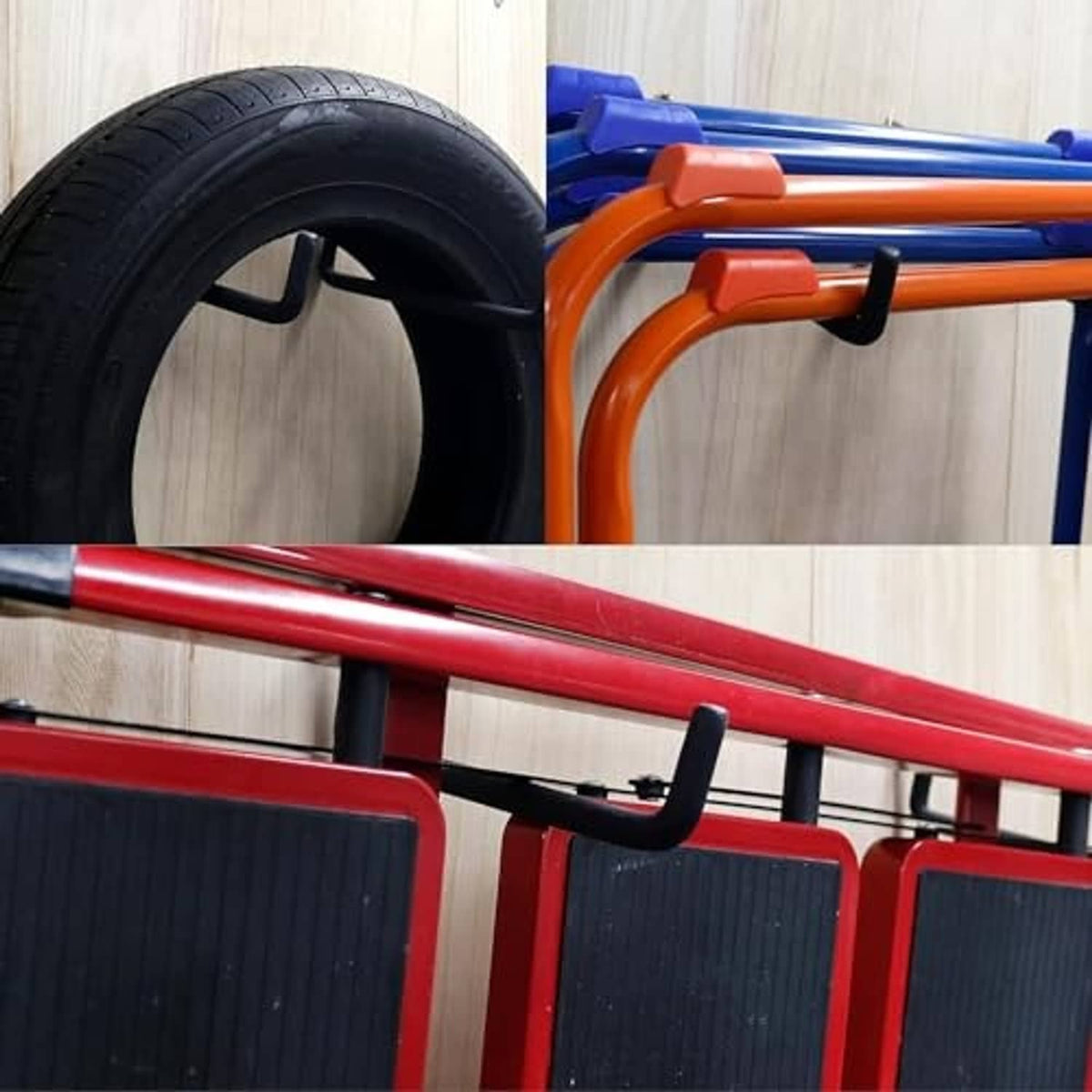 Black screw-in hooks attached to a red ladder-style storage rack