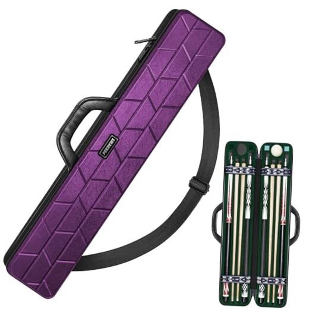 Purple hard pool cue case with carry handle and shoulder strap, padded interior slots
