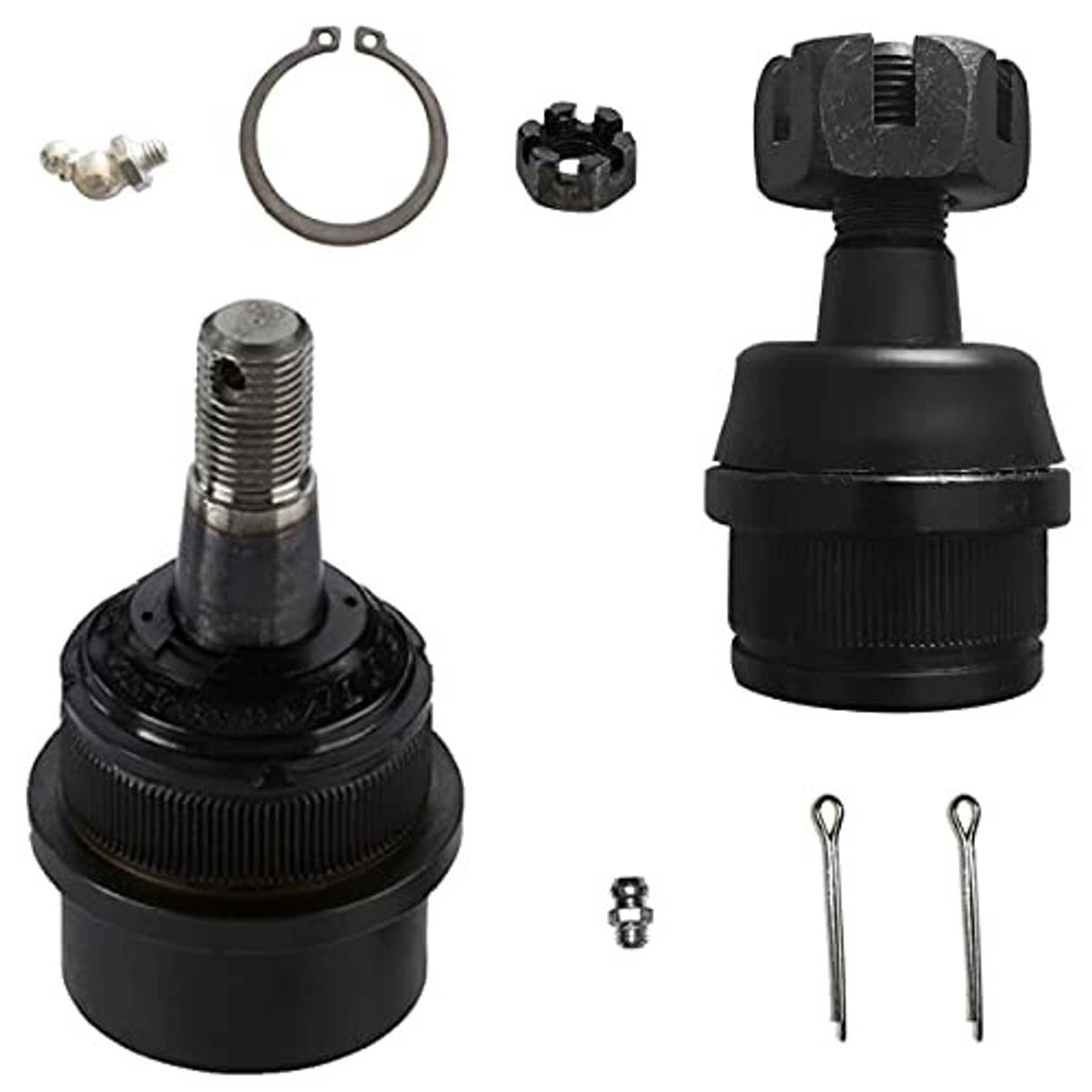 Ball joint kit includes black joint, round ring, bolts, and cotter pins