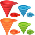Foldable silicone kitchen funnel set in red, orange, blue, and green with matching caps