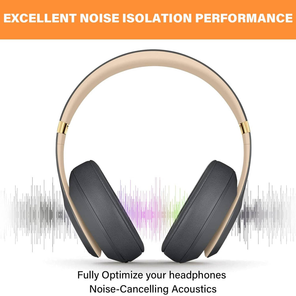Replacement dark gray ear pads on over-ear headphones for noise-isolating fit