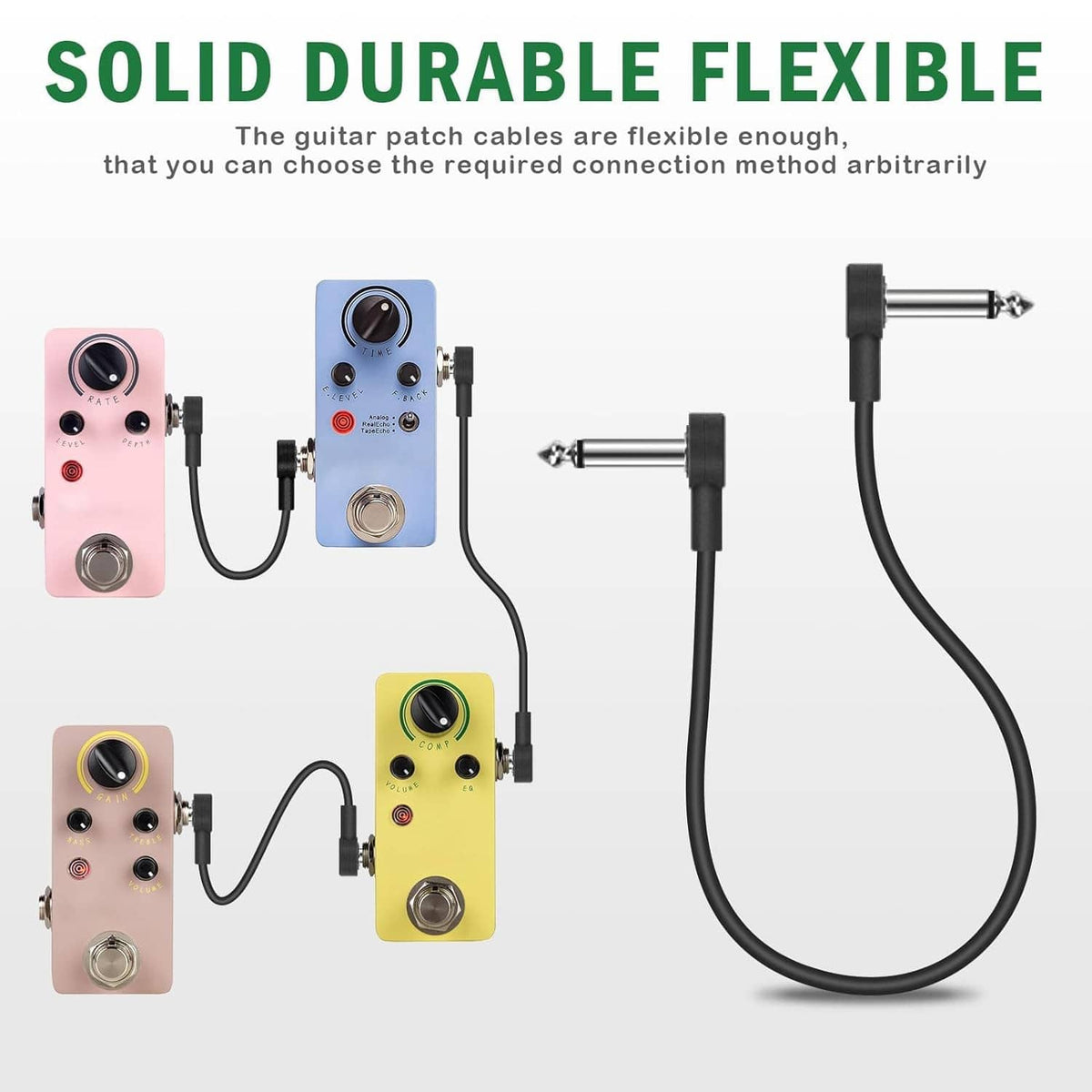 Black flexible guitar patch cable with 1/4-inch TS plugs for pedal connections.