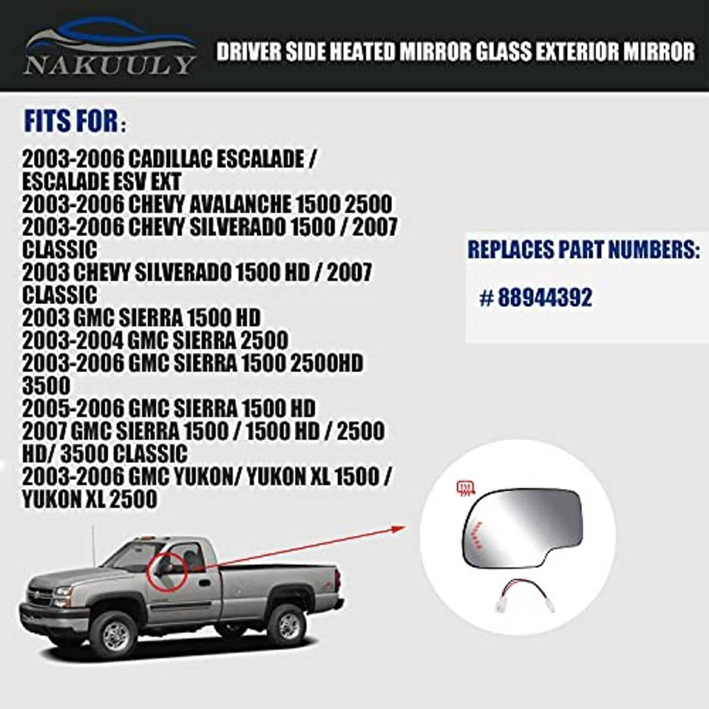 Heated exterior side mirror glass replacement shown in gray, curved shape
