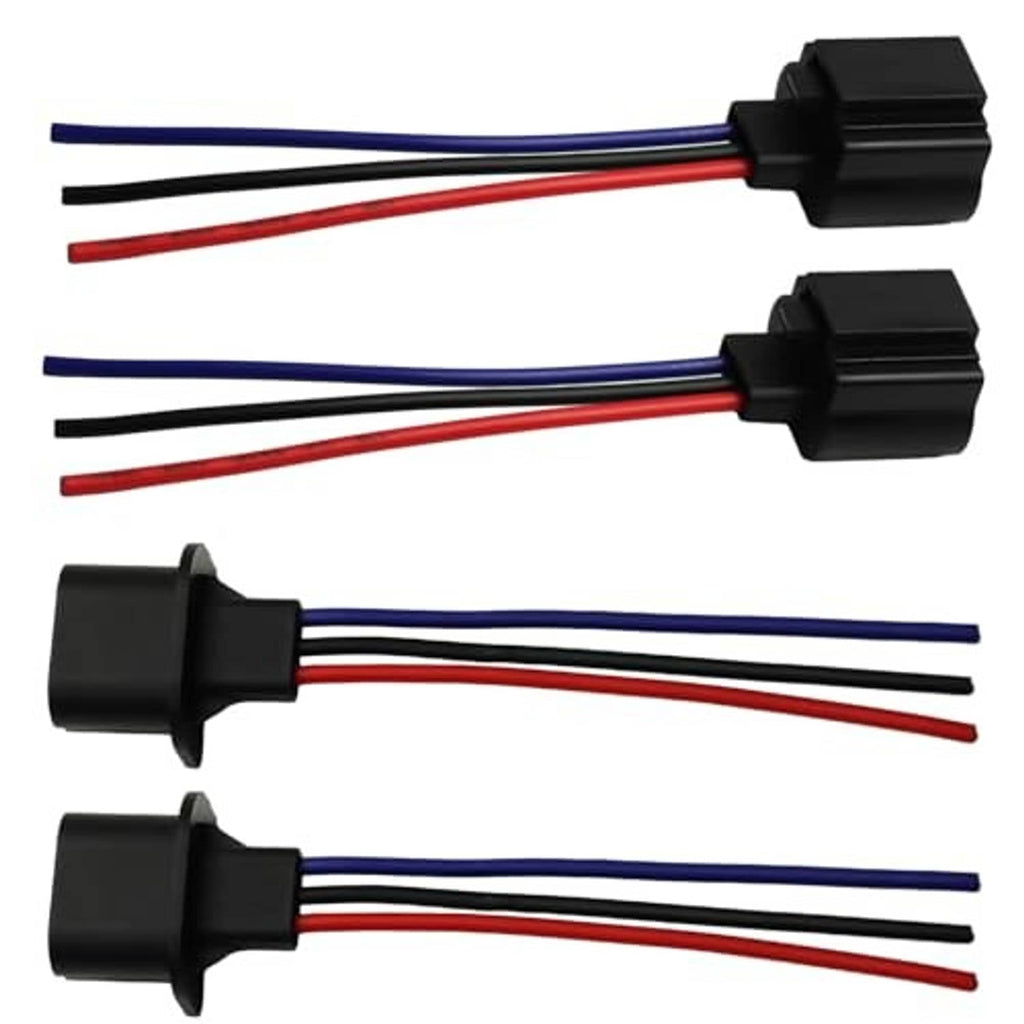 Headlight converter harness with two black socket connectors and multi-color red/blue/black wires