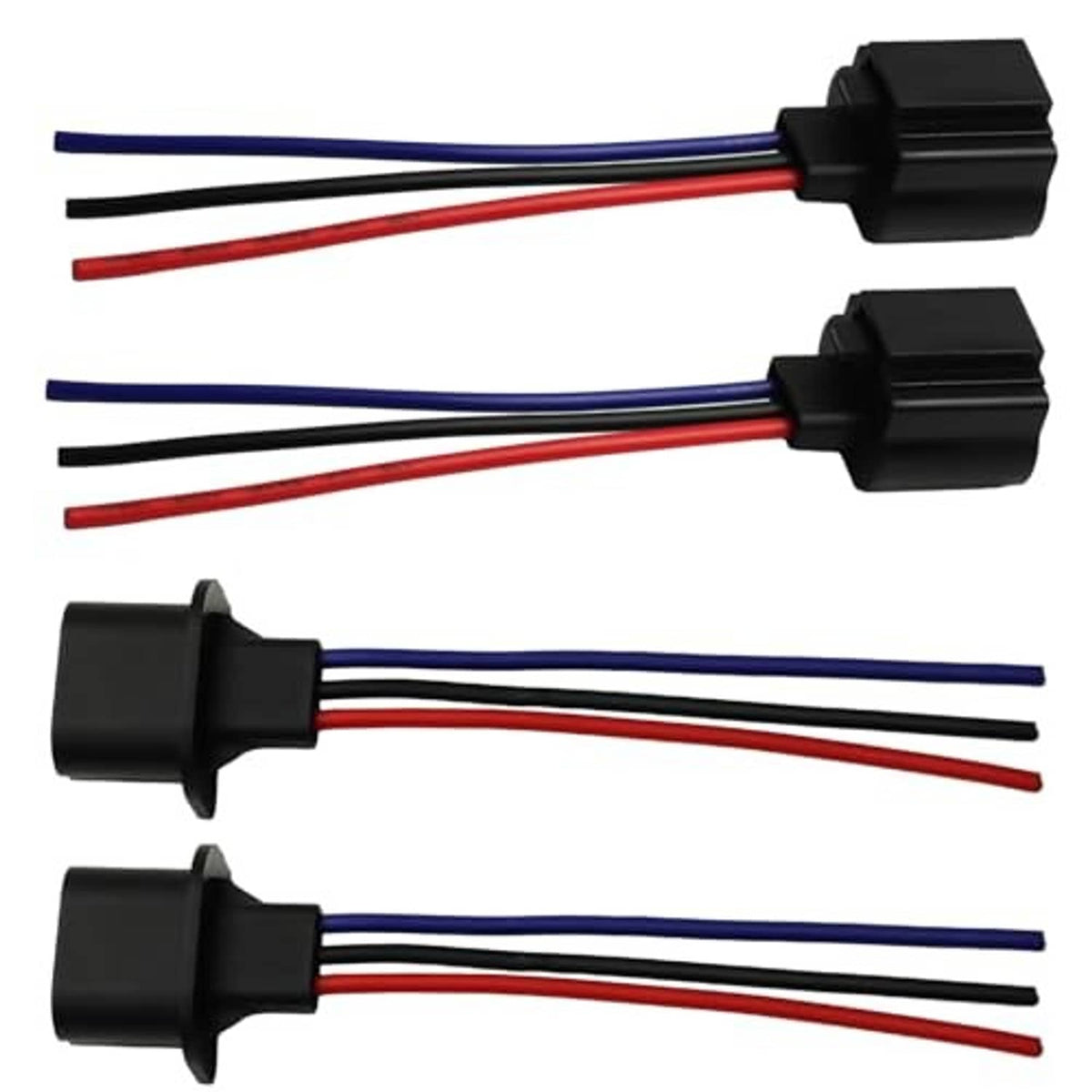 Headlight converter harness with two black socket connectors and multi-color red/blue/black wires
