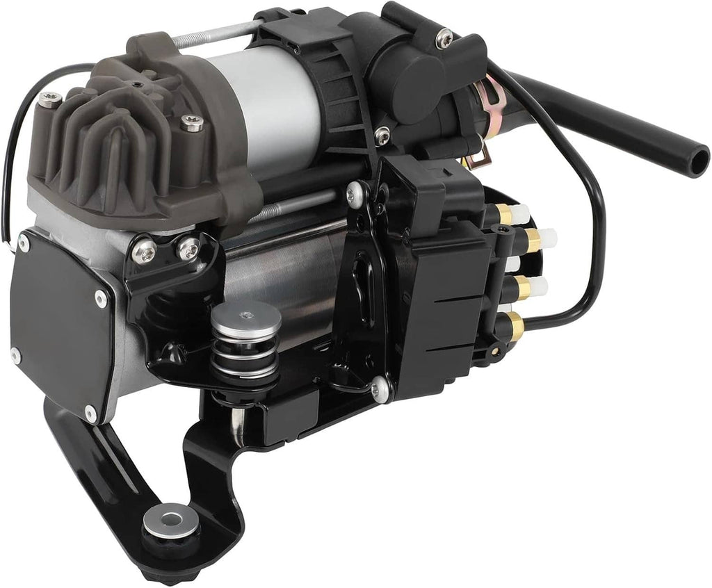 Air suspension compressor pump, angled view with black housing, silver cylinder, connected air lines