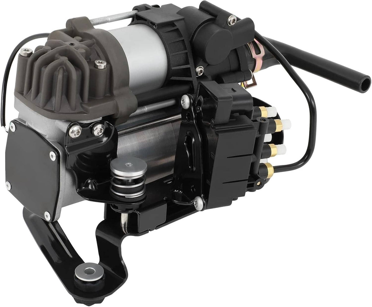 Air suspension compressor pump, angled view with black housing, silver cylinder, connected air lines