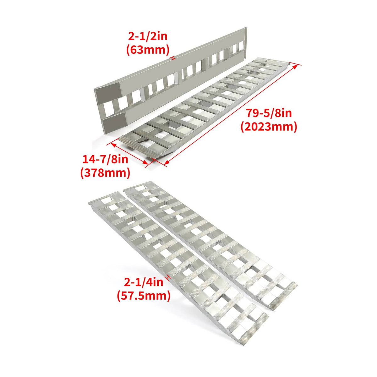 Aluminum truck trailer ramps with labeled dimensions, two-piece set
