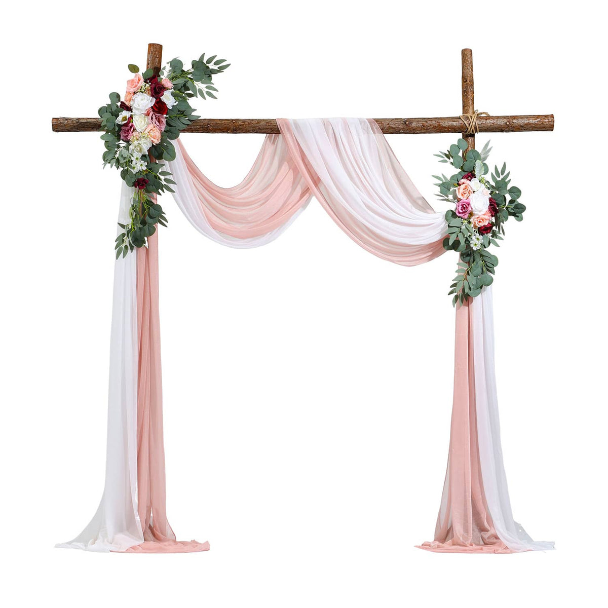 Artificial wedding arch flowers with pink drape swag and two floral clusters on wood frame