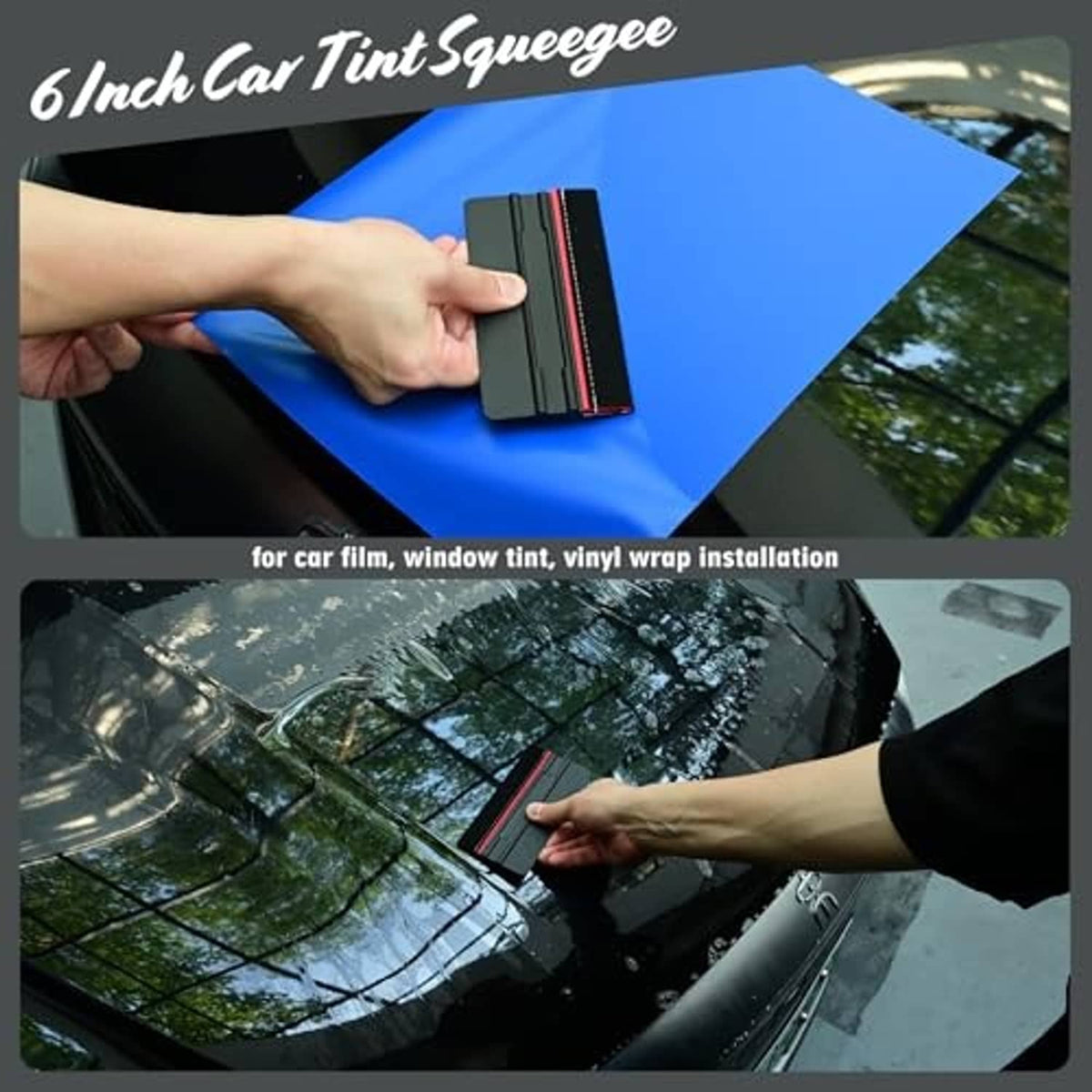 6-inch car tint squeegee tool used on window film with blue applicator sheet