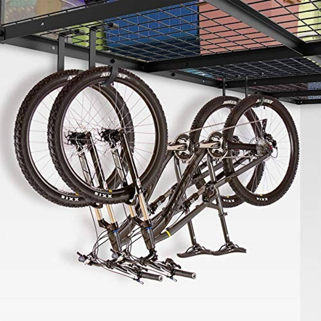 Bicycle hanging under a ceiling wire storage rack with a black flat-top hook