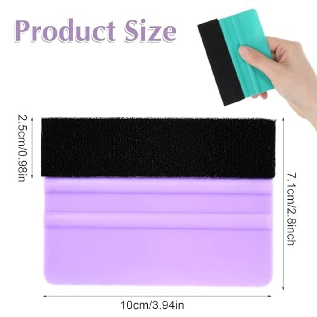 Purple vinyl felt squeegee tool with black felt edge and visible size markings