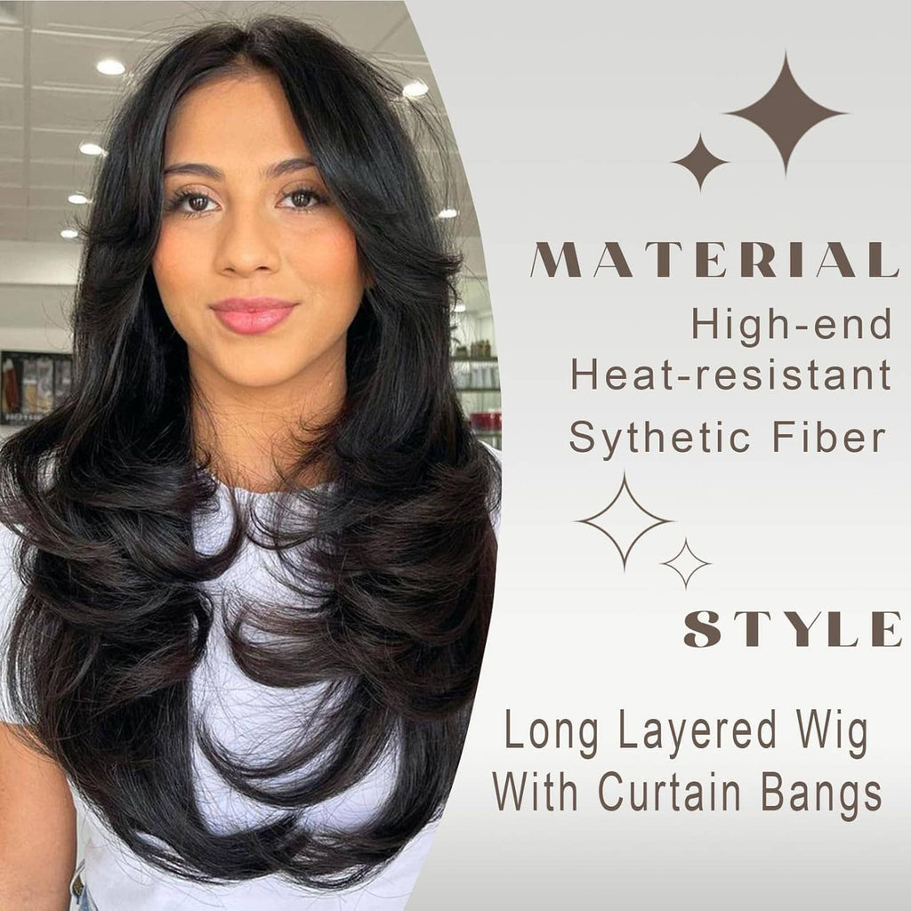 Long layered black wig with curtain bangs, loose wavy volume around the face
