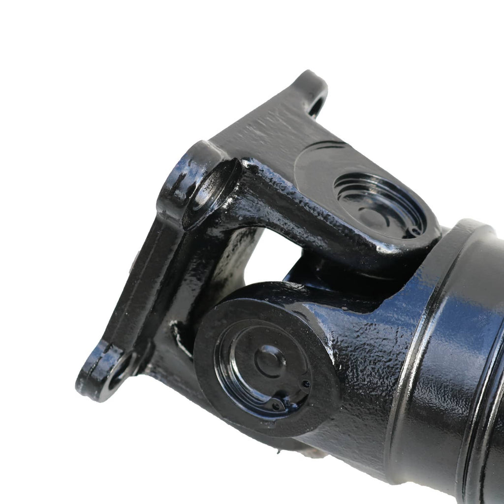 Universal joint end on black driveshaft prop shaft with mounting tabs