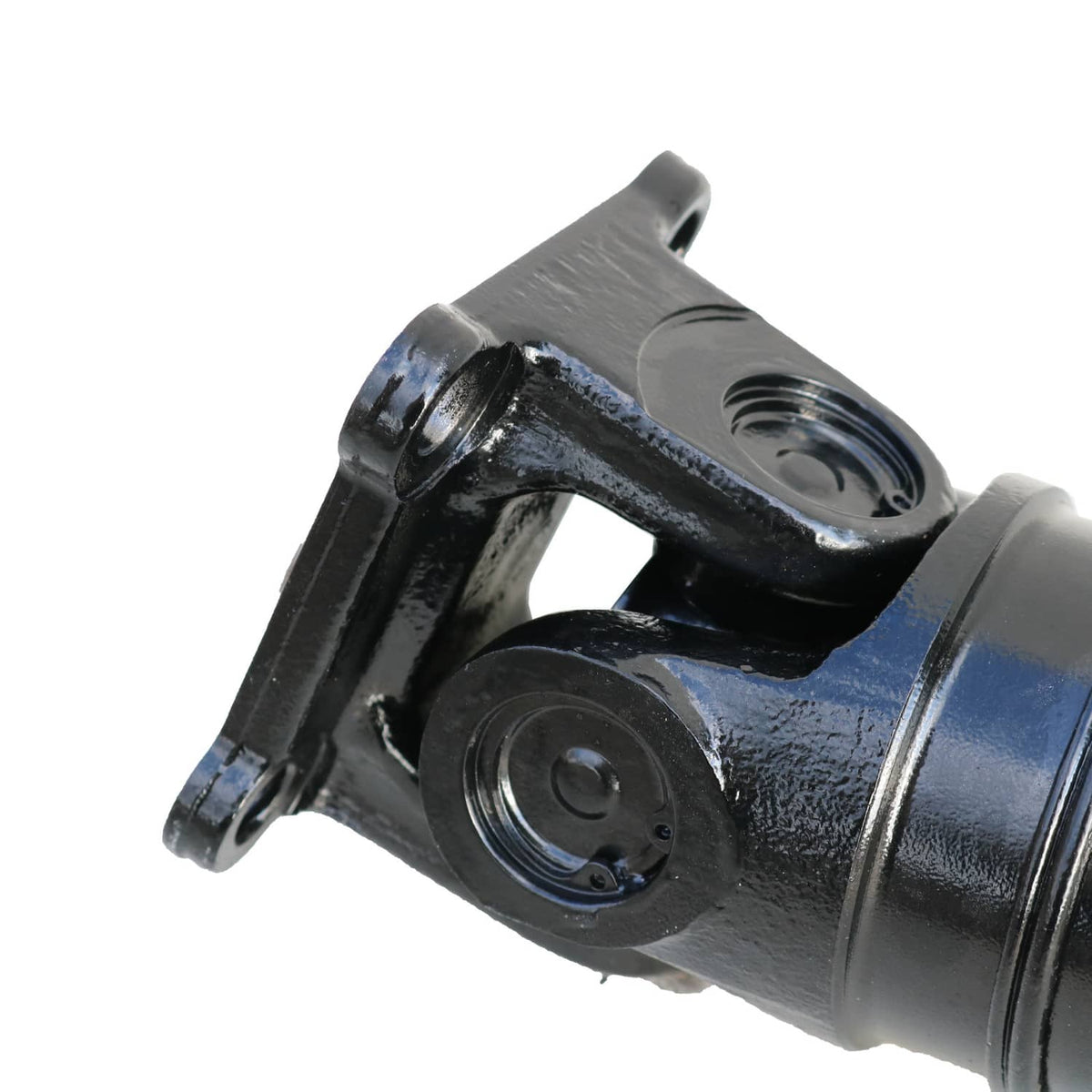 Universal joint end on black driveshaft prop shaft with mounting tabs