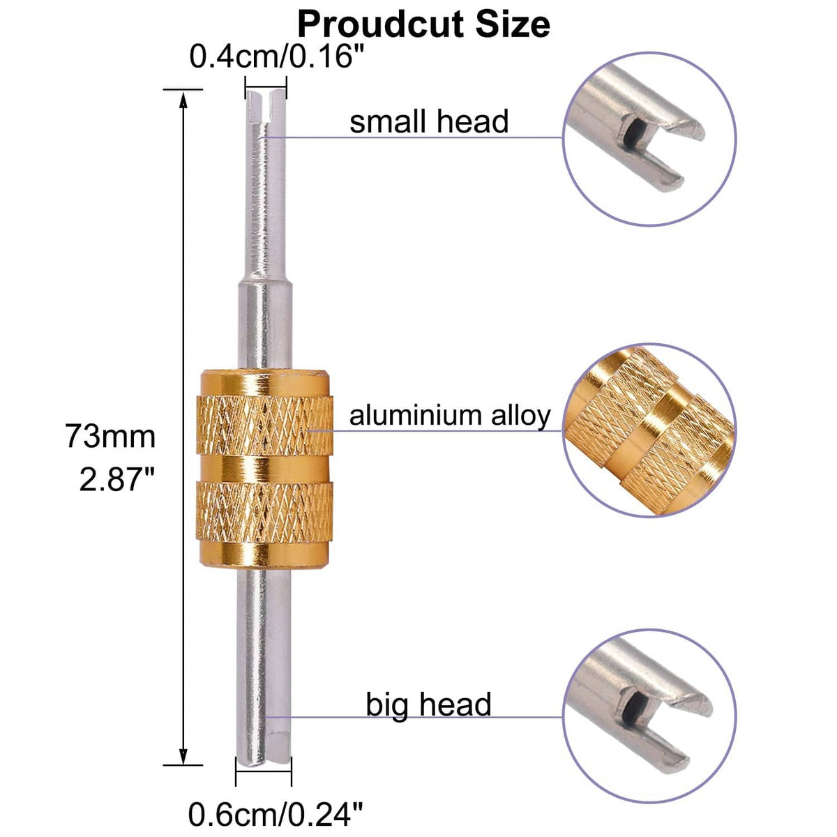 Aluminum tire valve core remover tool with knurled gold grip and two small end heads