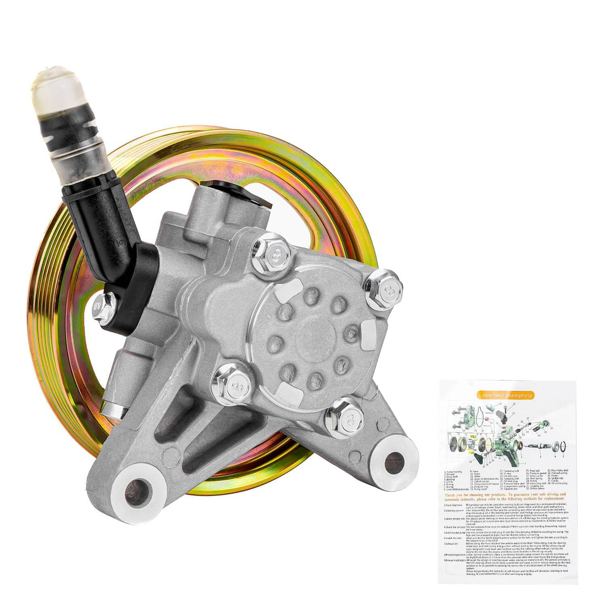 Power steering pump with pulley and gray housing, plus instruction sheet