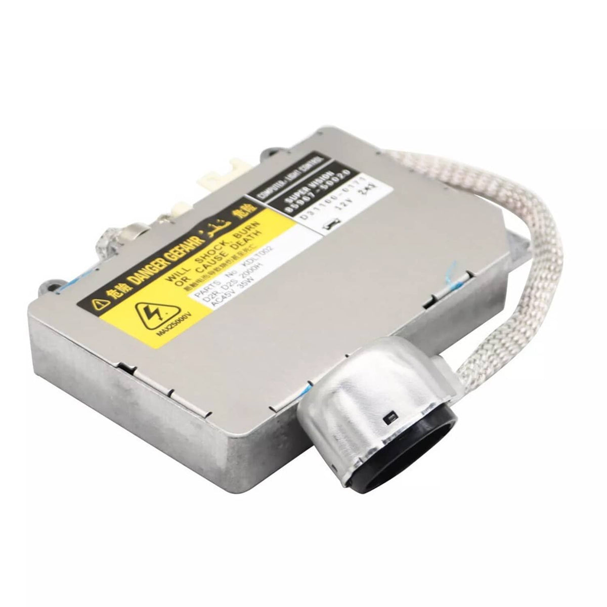 HID xenon headlight ballast control module with metal housing and braided cable