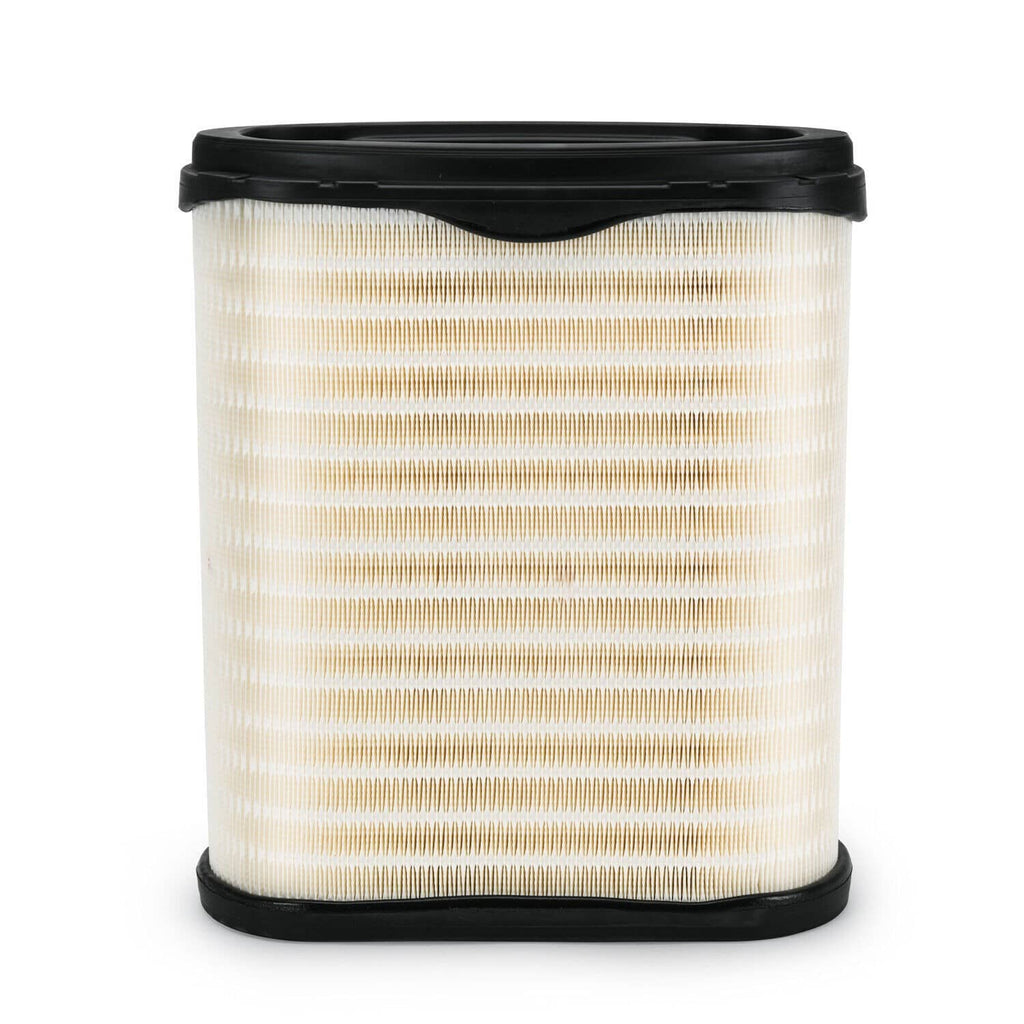 Engine air filter cartridge top view, white pleated media with black rim and base