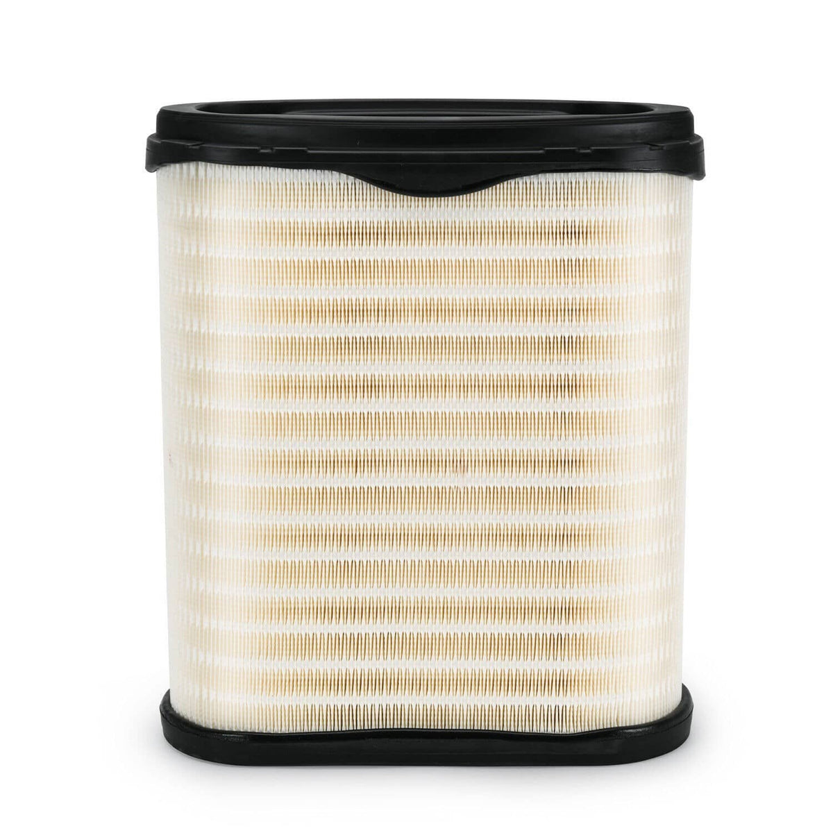 Engine air filter cartridge top view, white pleated media with black rim and base