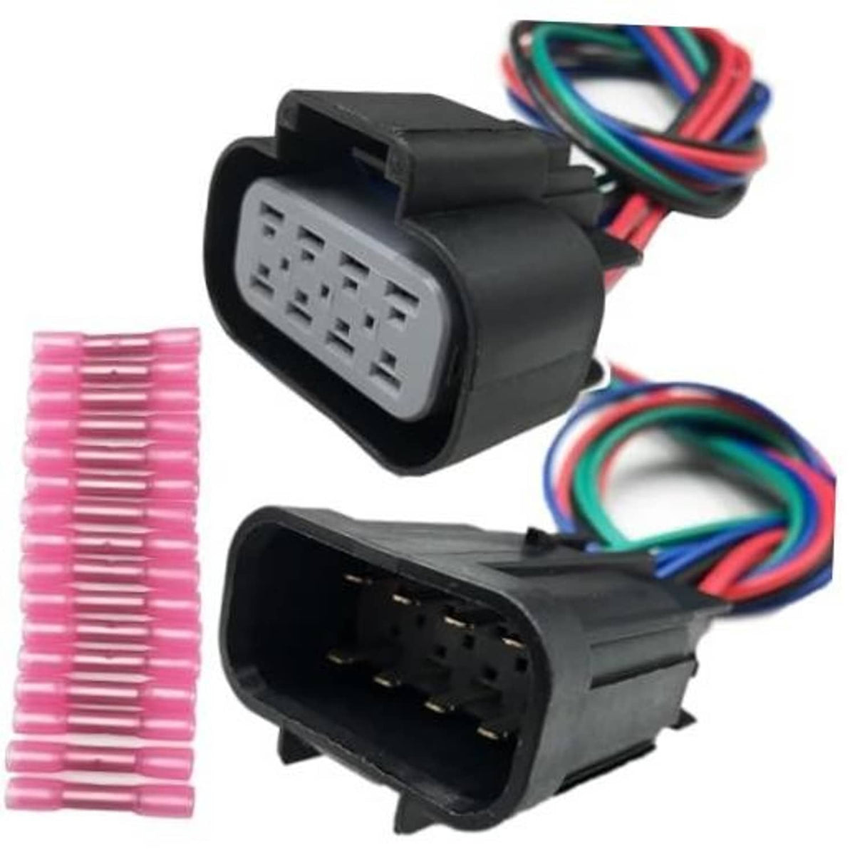 8-pin vehicle wiring harness connector with multicolor wire leads and black housing