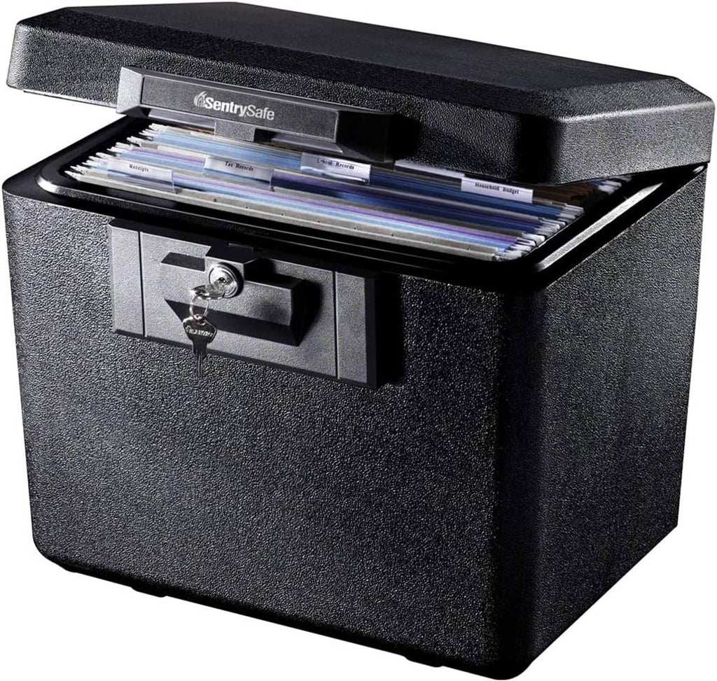 Black fireproof document safe, open top with drawer and key lock; documents inside
