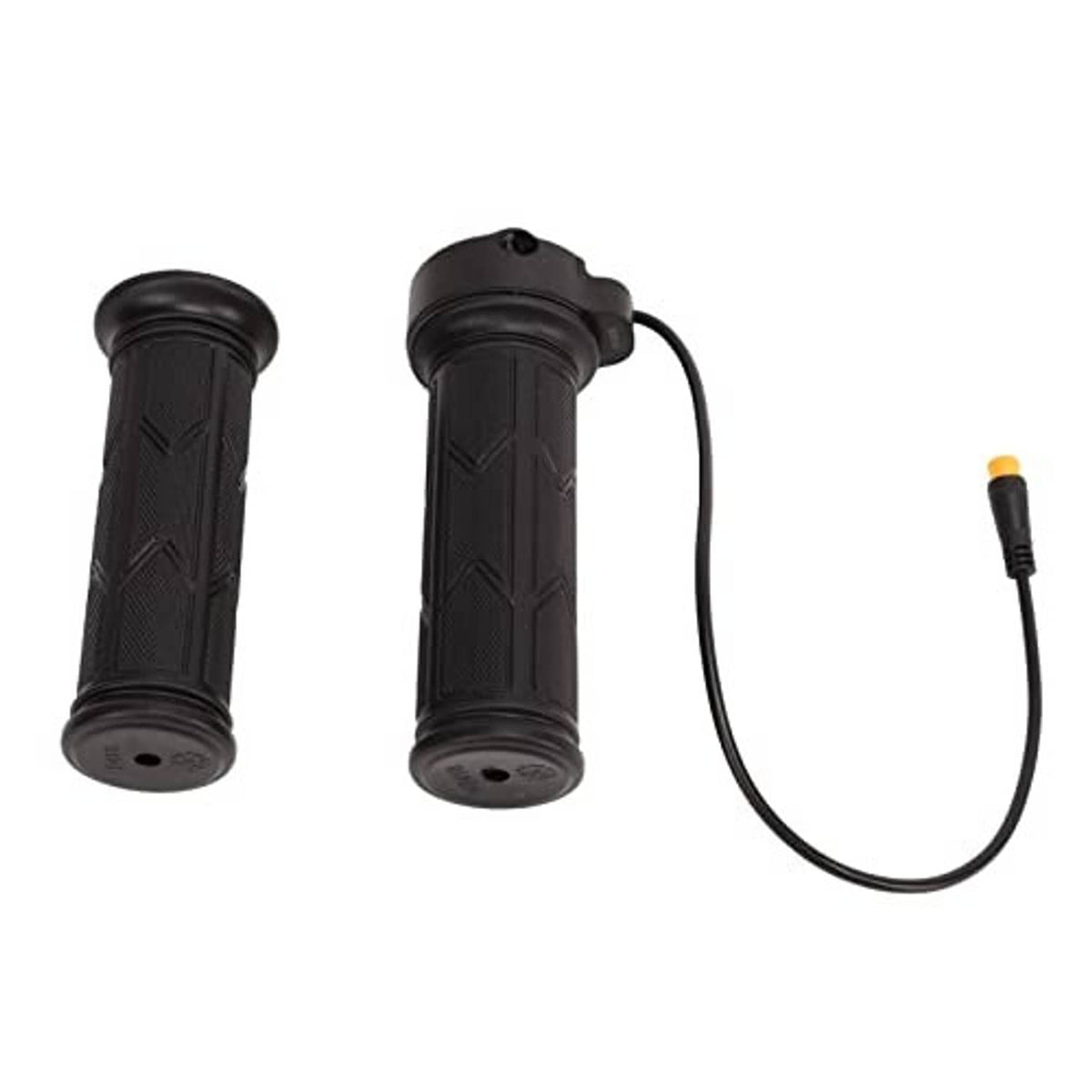Black thumb throttle grips for e-bike with attached cable and small orange-tipped connector.