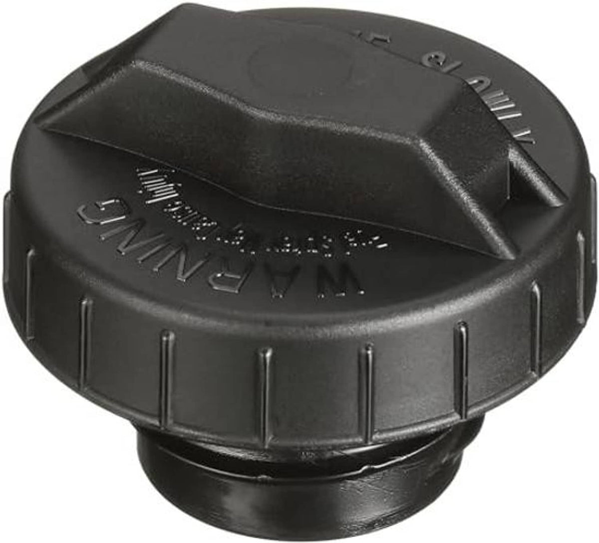 Black fuel tank cap top view with embossed markings and latch tab