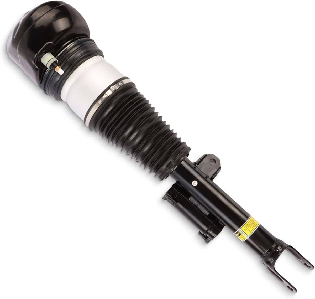 Air suspension shock strut angled view with white air spring sleeve and fork mount