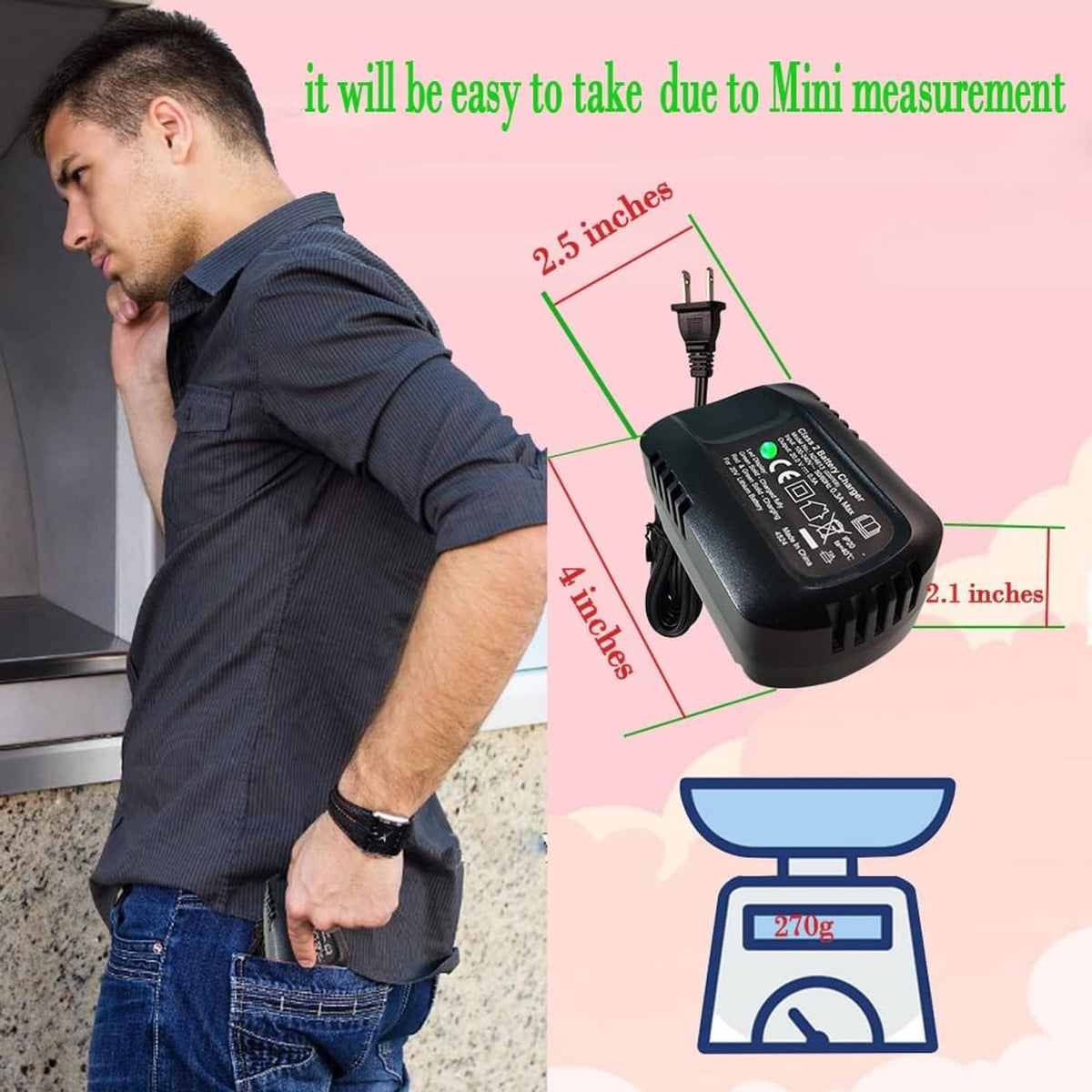 Mini black battery charger, compact size with attached power cord