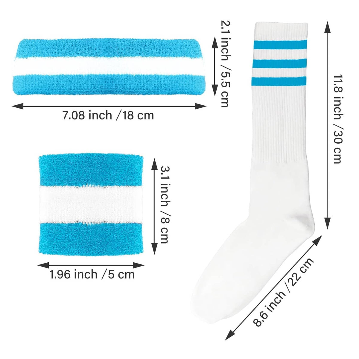White knee-high socks with blue striped bands, plus matching blue sweatbands