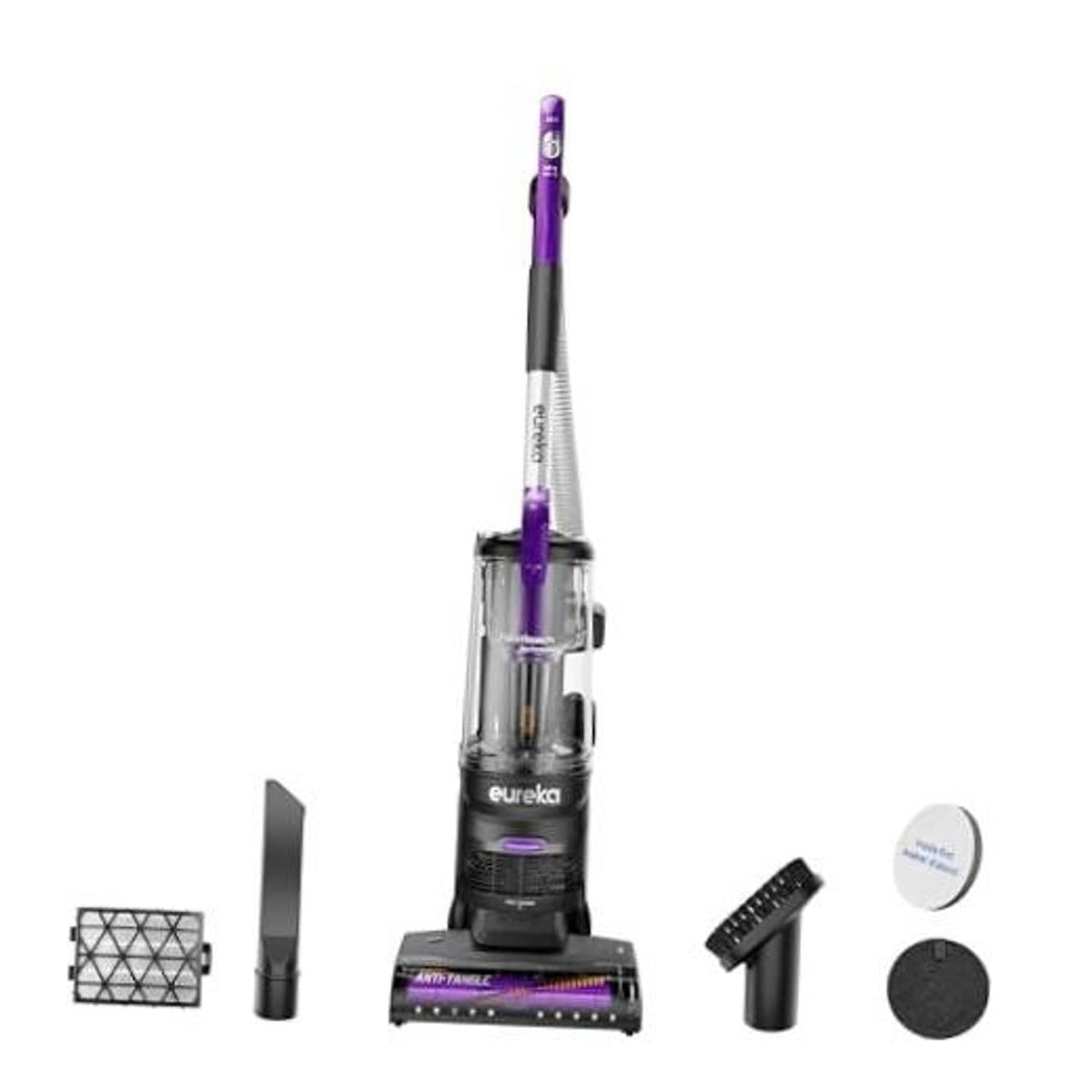Upright vacuum cleaner kit with purple bin, floor brush, and crevice tools