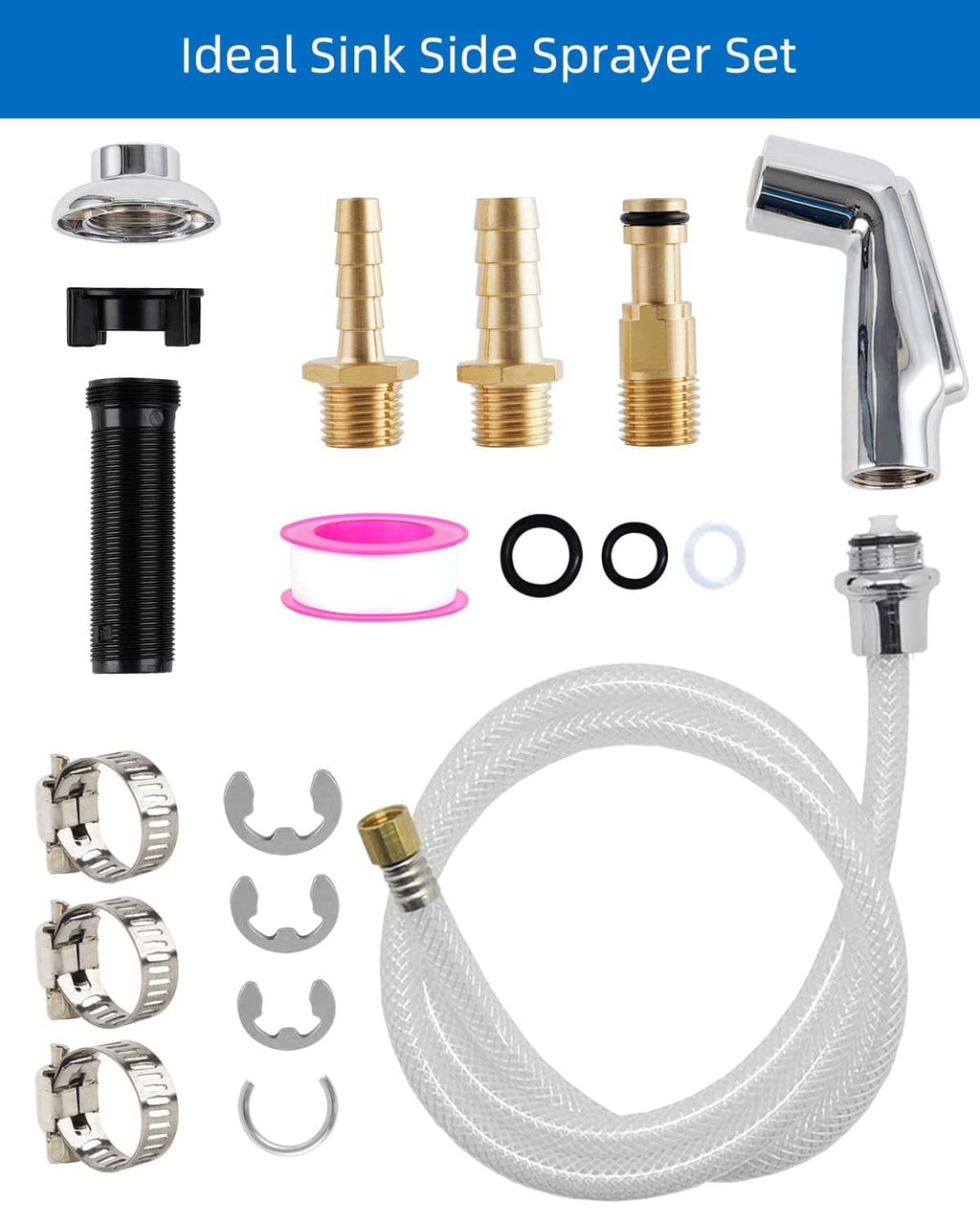 Chrome sink side sprayer set with braided hose, mounting parts, and spare seals