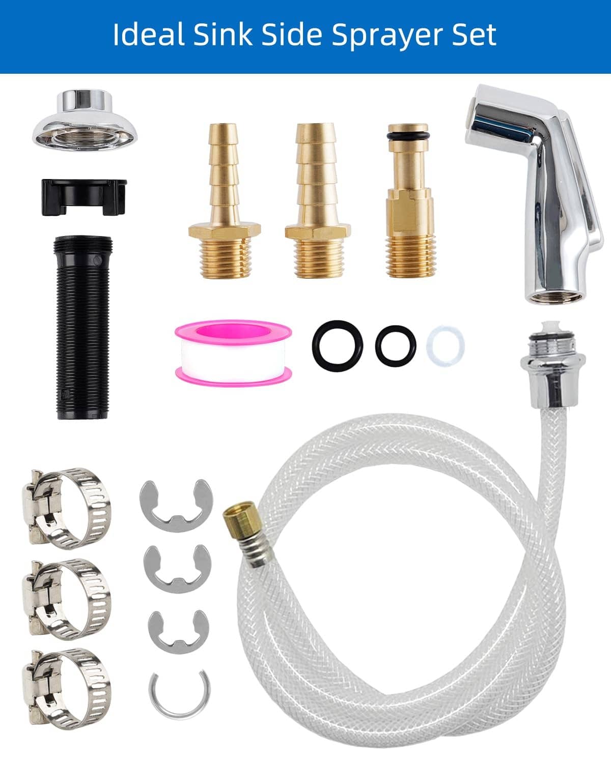 Chrome sink side sprayer set with braided hose, mounting parts, and spare seals