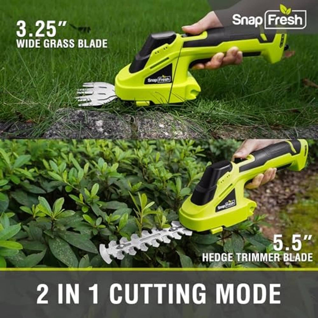 Lime green hedge trimmer being held over lawn and shrubs, with grass and hedge blades.