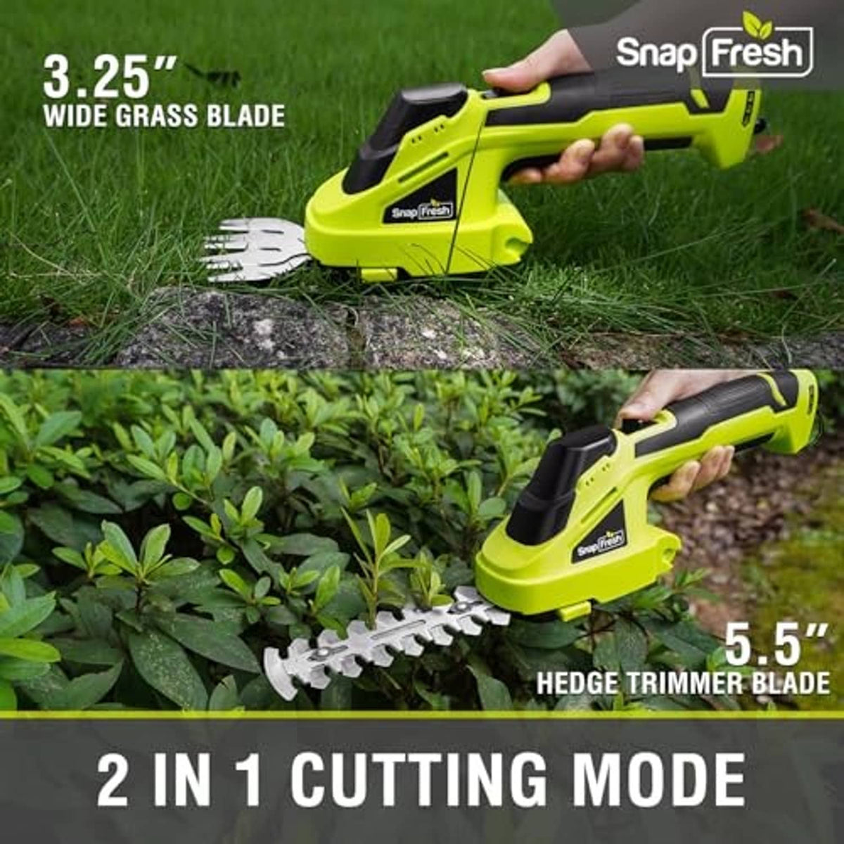 Lime green hedge trimmer being held over lawn and shrubs, with grass and hedge blades.