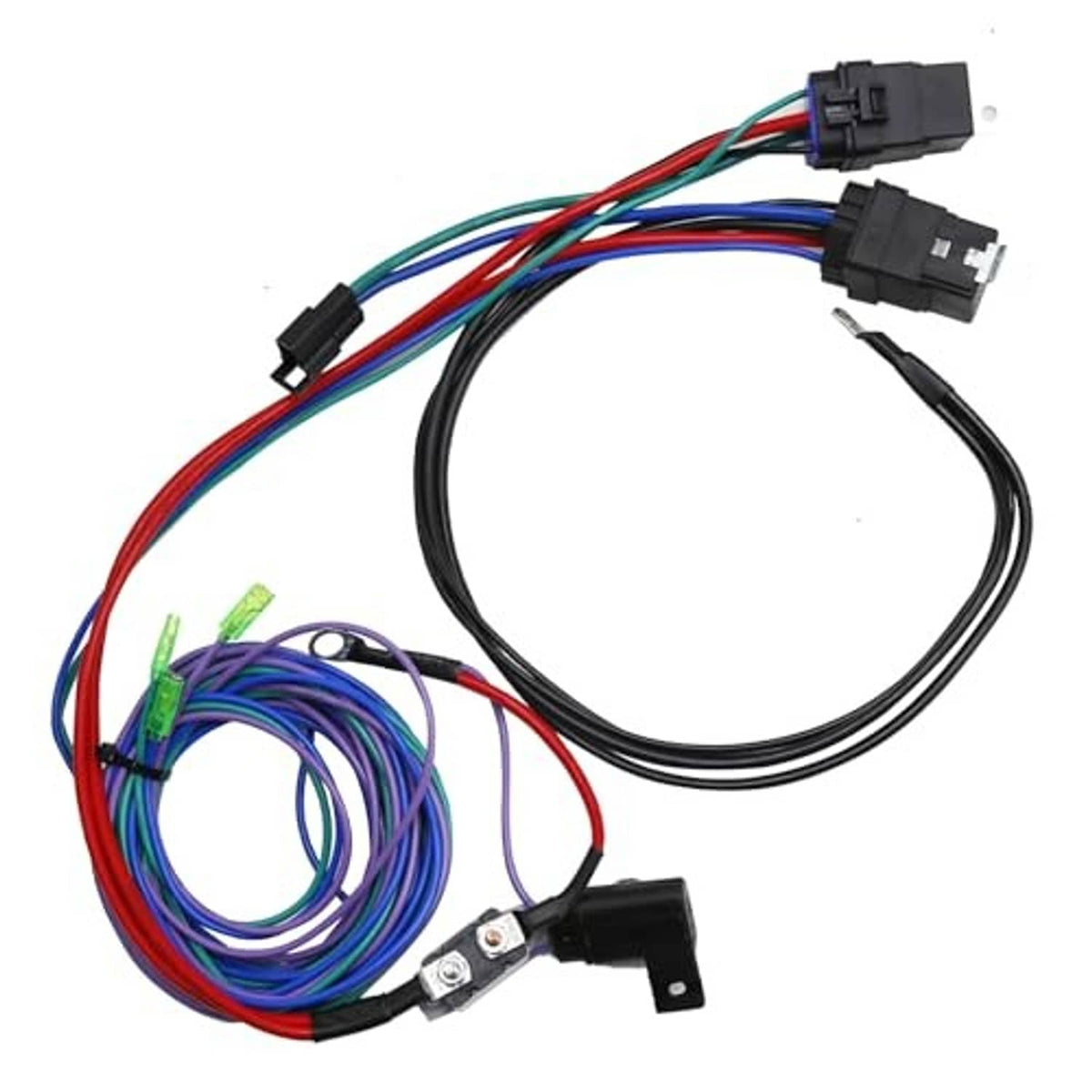 Multi-connector marine wiring harness with bundled color wires and long black cable