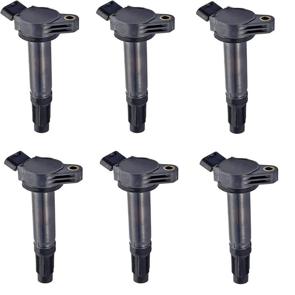 Six black ignition coils with mounting bases, shown in a grid