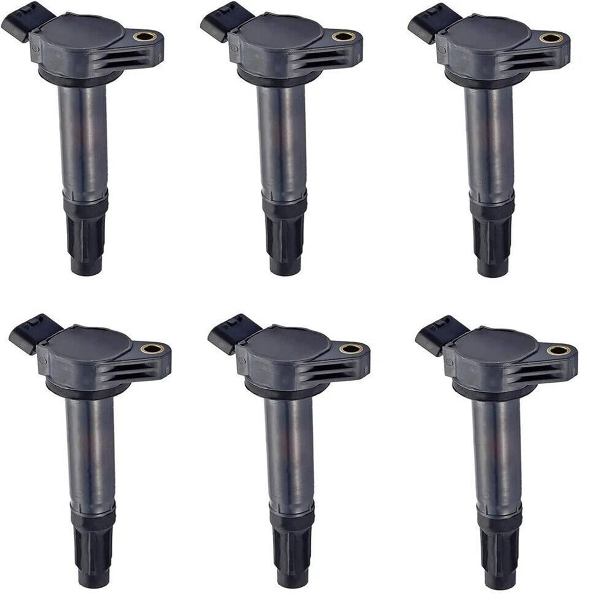Six black ignition coils with mounting bases, shown in a grid