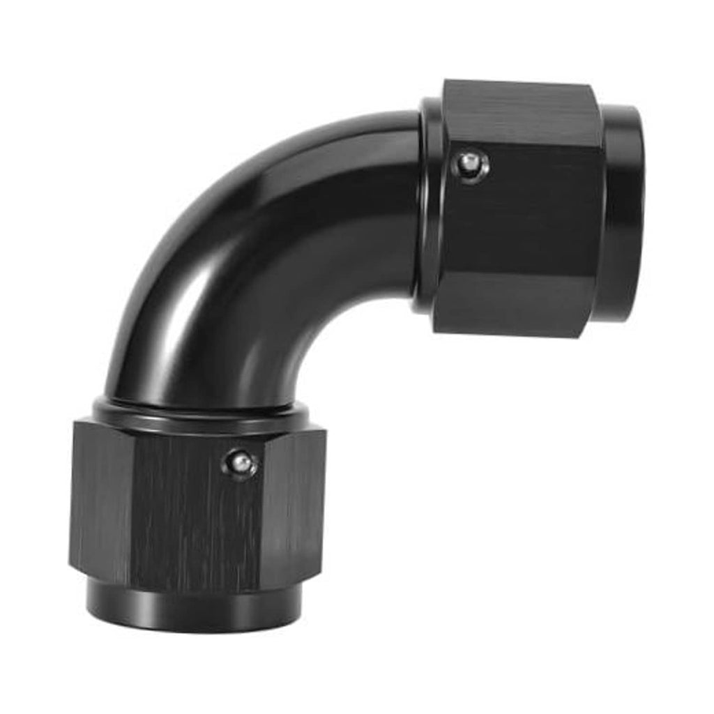 90-degree 6AN female-to-female swivel coupler union, black anodized aluminum elbow
