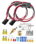 Dual fan relay wiring kit with two relay modules, harness, fuses, terminals, thermal switch