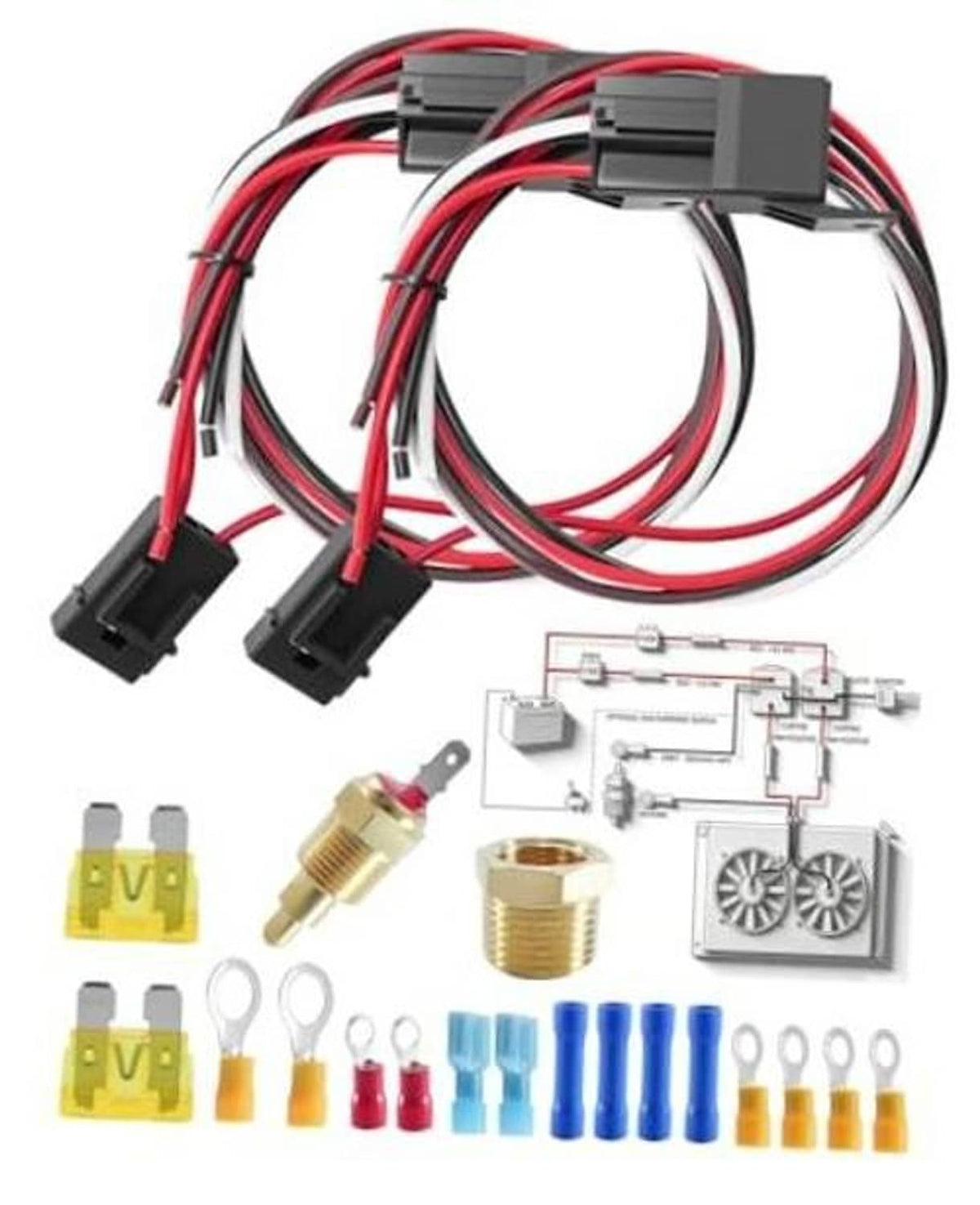 Dual fan relay wiring kit with two relay modules, harness, fuses, terminals, thermal switch