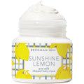 Whipped body cream jar with Sunshine Lemon goat milk label and white cream on top